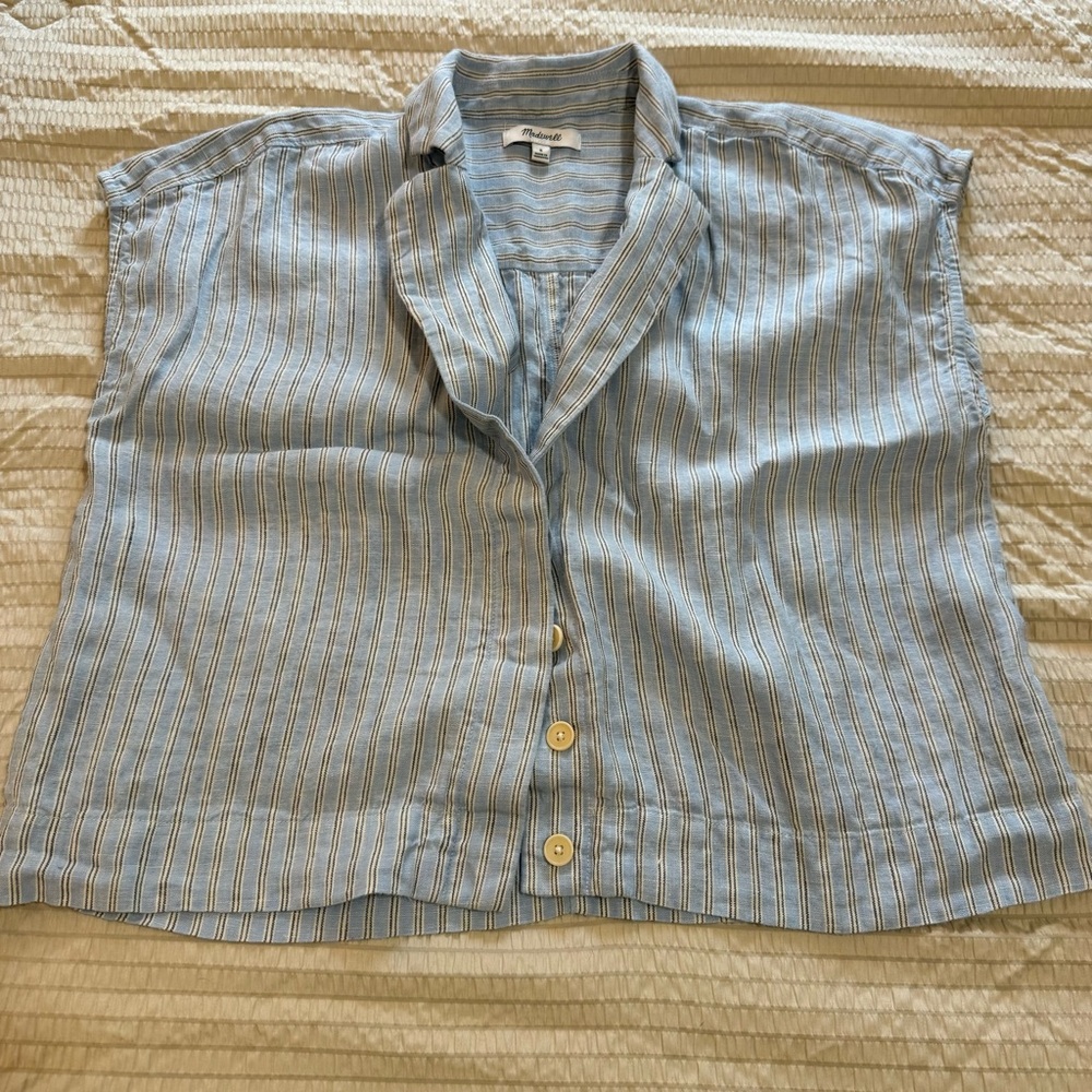 Madewell Blue Linen Striped Boxy Button Front Blouse small